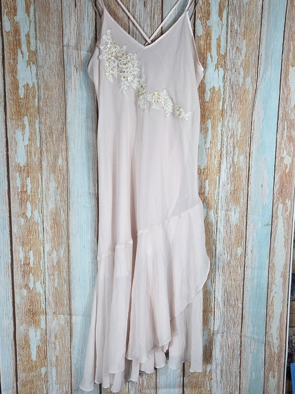 Vintage California Dynasty Soft Blush Slip Dress w/floral Applique. Size Small